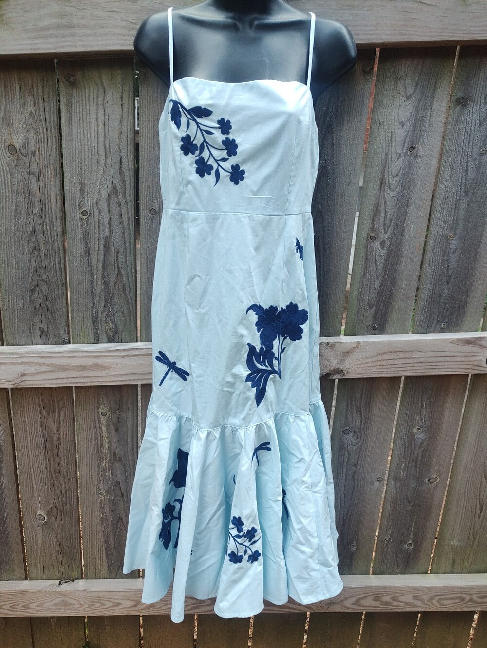 🏵️ Fanm Mon Blue Floral Cotton Embroidered Mermaid Hem Midi Dress Small